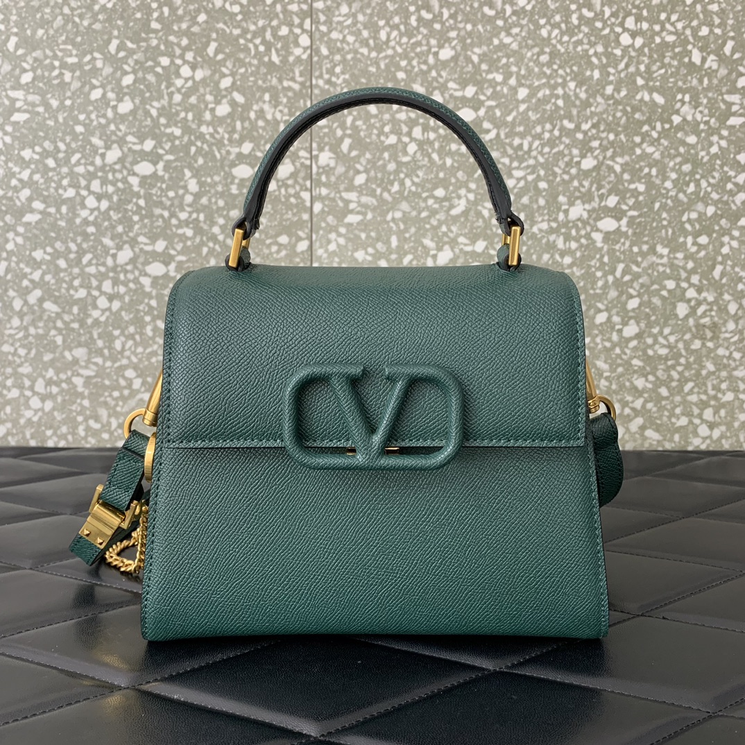 Valentino Garavani Vsling Small Handbag in Dark Green Grainy Calfskin 